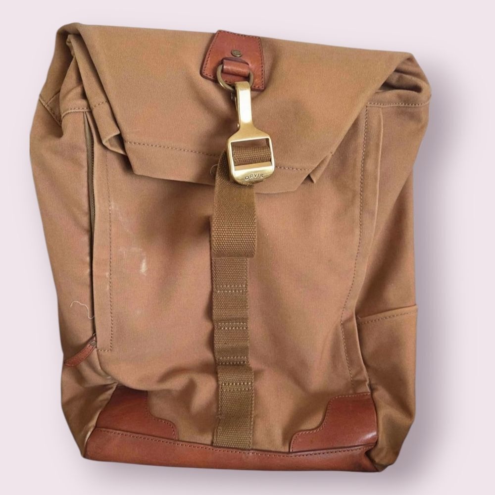 Orvis Canvas Roll Top Backpack Leather Trim Plaid Lining Tan Brown Heritage EUC